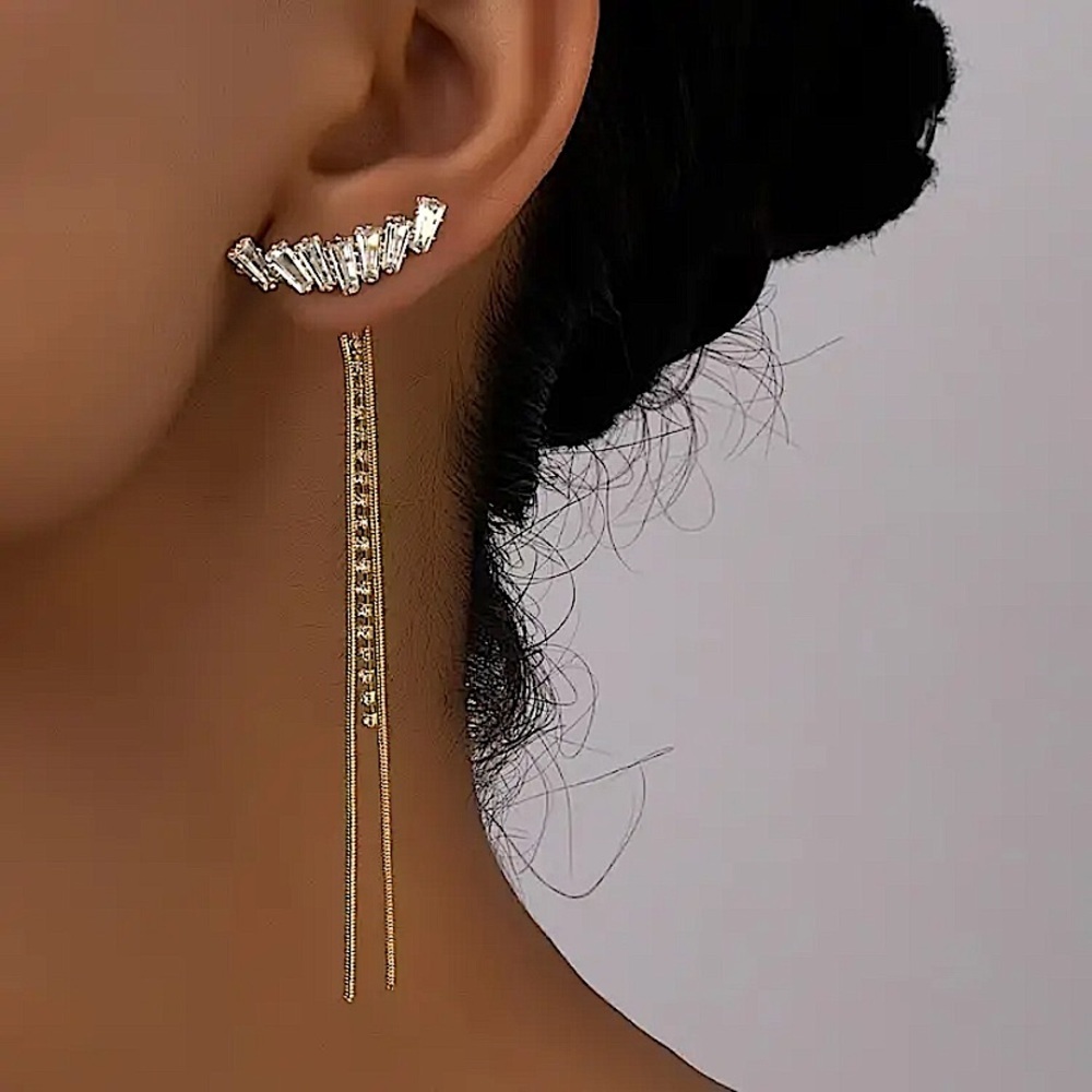 Gold Zircon Tassel Rhinestone Drop Crystal Dangle Earrings